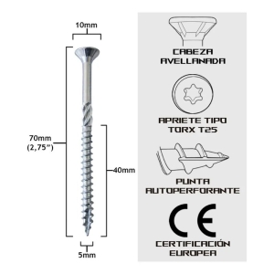 Tornillo Turbo Konig 5x70mm (2.75 pulgadas) 200 unidades Holzwerk
