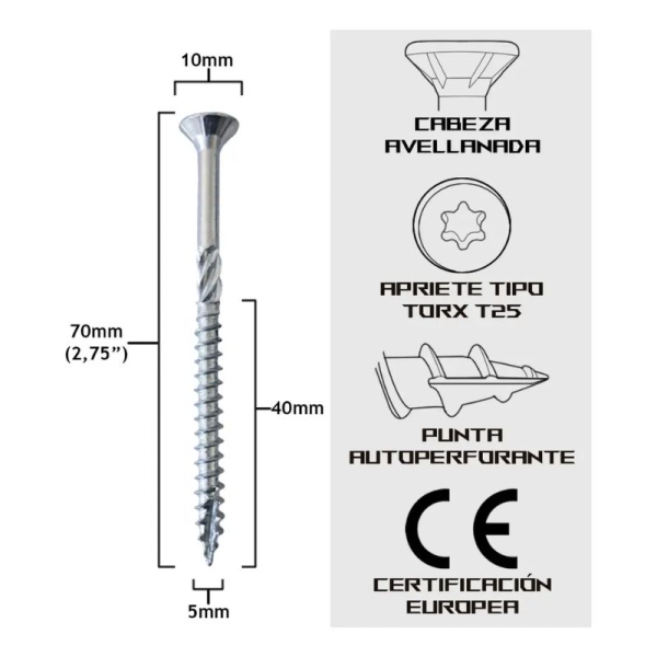 Tornillo Turbo Konig 5x70mm (2.75 pulgadas) 200 unidades Holzwerk