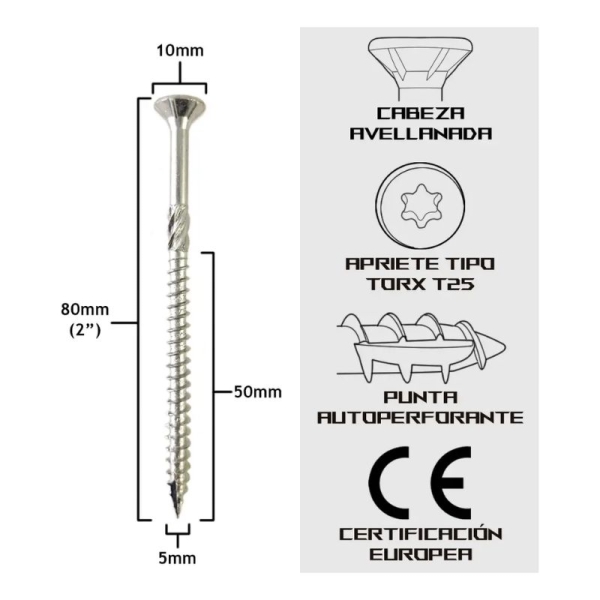 Tornillo Turbo Konig 5x80mm (3 pulgadas) 200 unidades Holzwerk