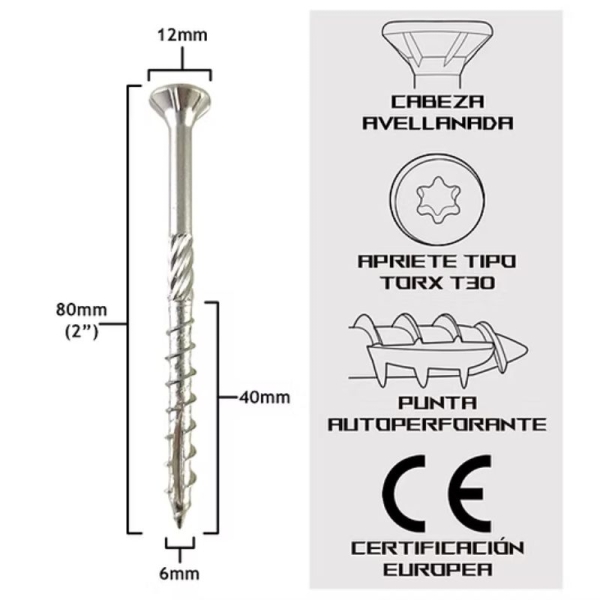 Tornillo Turbo Konig 6x80mm (3 pulgadas) 200 unidades Holzawerk
