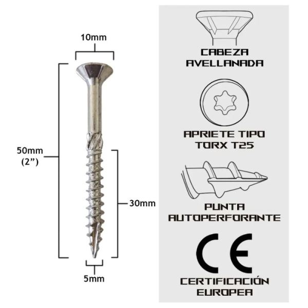Tornillo Turbo Konig 5x50mm (2 pulgadas) 200 unidades Holzawerk